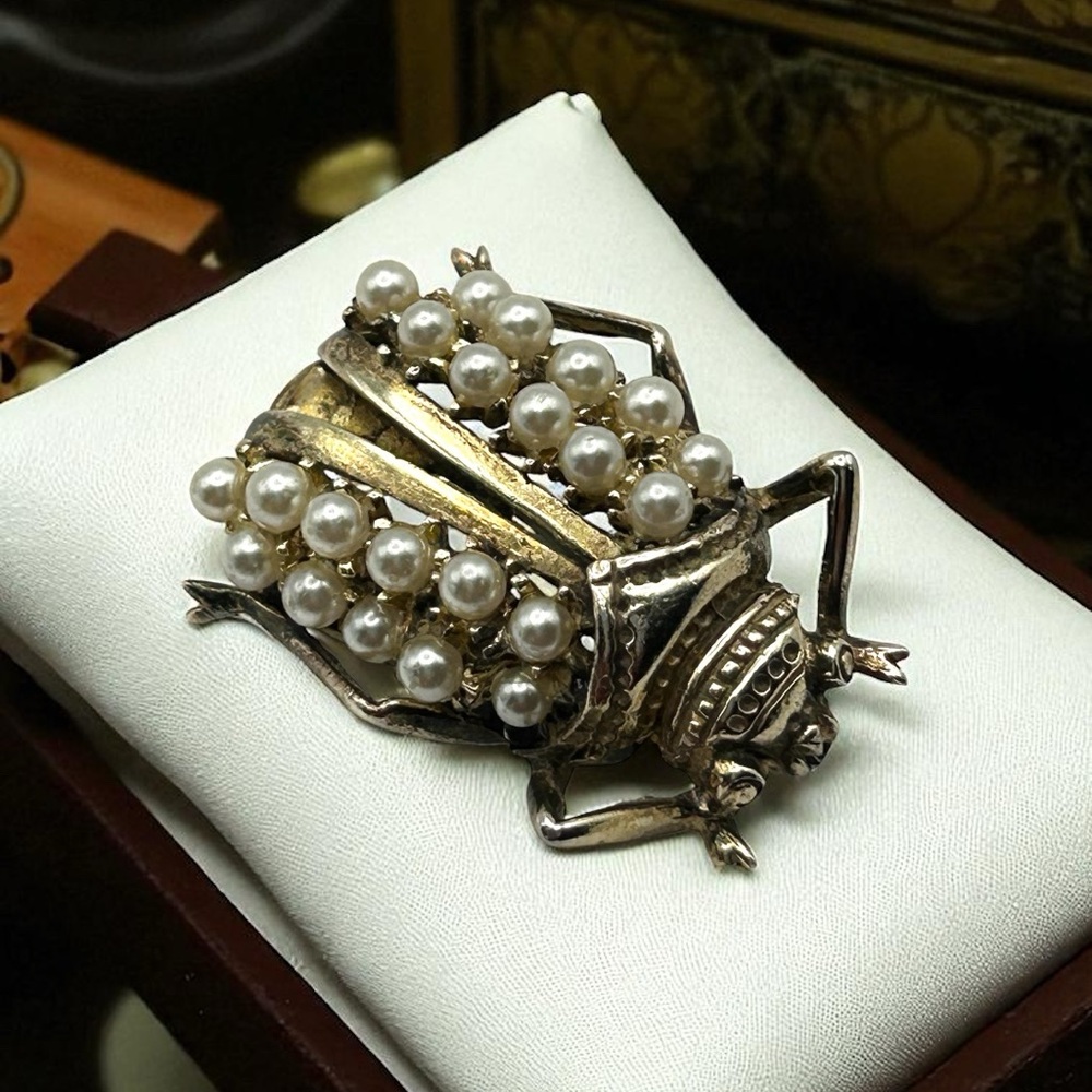 Vintage MCM 50s 60s Sterling Silver Insect Brooch w/ Pearls & Golden Patina